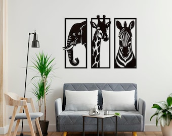 Wooden Safari Wall Art, Modern Animal Silhouette Wall Hanning, Elephant, Giraffe, Zebra Panels, African Animals Wall  Art, Jungle Wall Set
