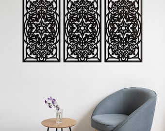 Marokkanische Holzplatten, marokkanische Wandkunst, dekorative Gitter, arabische Fensterwand, Arabesken, marokkanische Wanddekoration