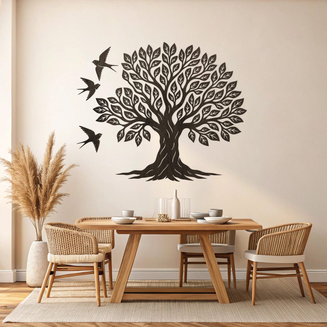Wall Decore Tree Large Tree Wall Decor, Wooden Family Tree, Tree With Birds Wall Art ...