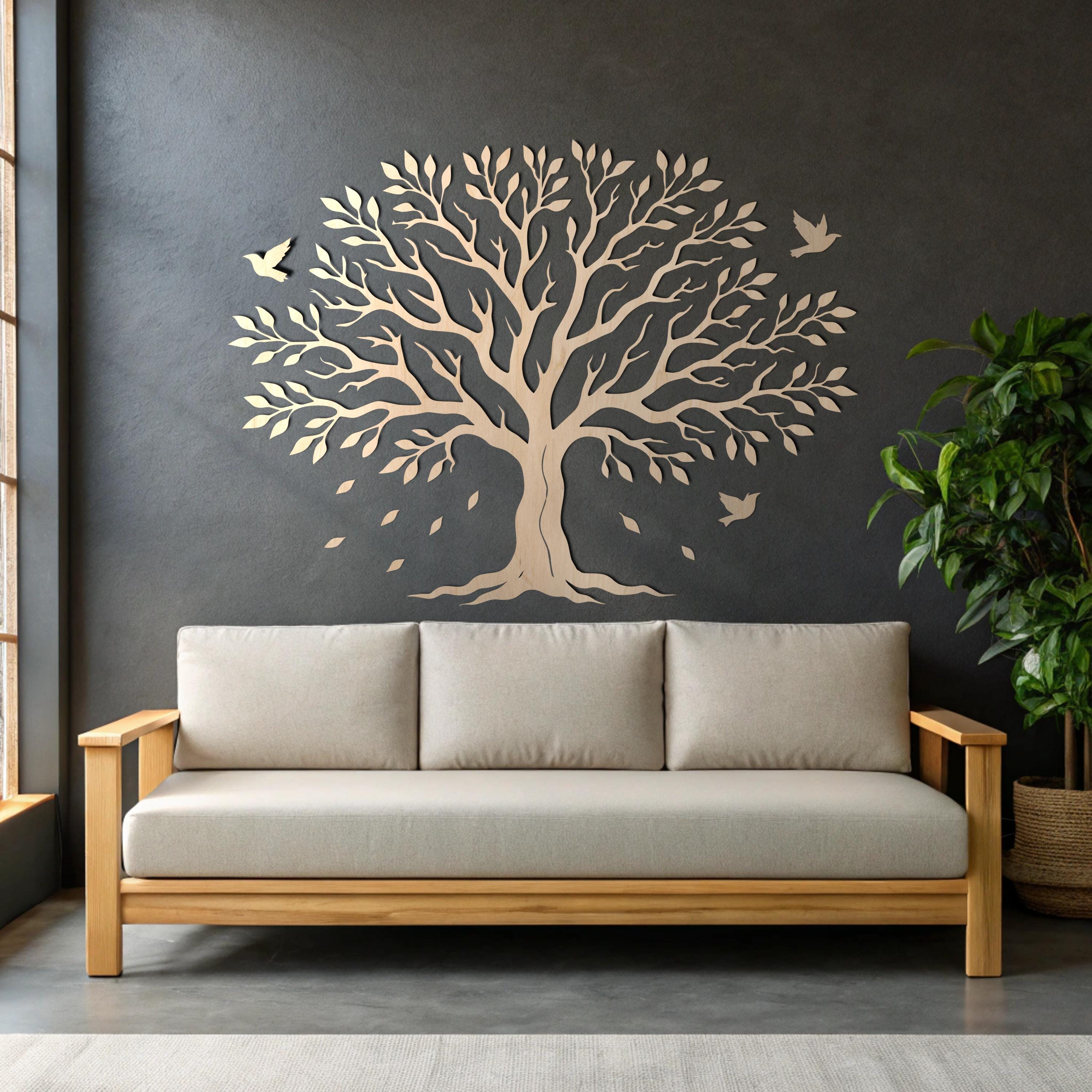 Wall Decore Tree Large Tree Wall Decor, Tree With Birds Wall Art, Wooden Family Tree ...