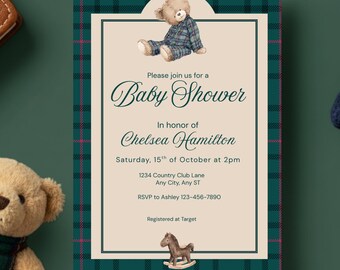 Invito per baby shower in stile preppy con orsetto di peluche, invito a quadri scozzesi, modello Canva modificabile (download digitale immediato)