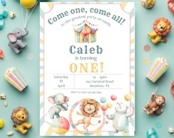 Circus First Birthday Invitation, Watercolor Animals, Carnival Party Invite (Digital Download)