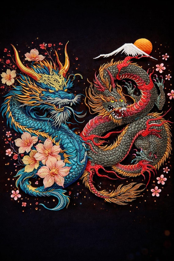 Twin Dragon Yin Yang Embroidery Design | Oriental Japanese Chinese