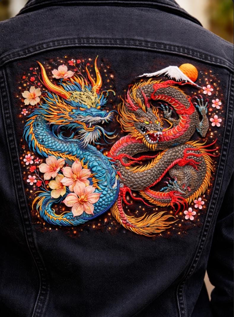 Twin Dragon Yin Yang Embroidery Design | Oriental Japanese Chinese