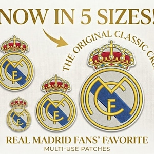 Diseño de bordado del logotipo del Real Madrid, logotipo del club de fútbol, varios formatos, 5 tamaños (descarga instantánea)