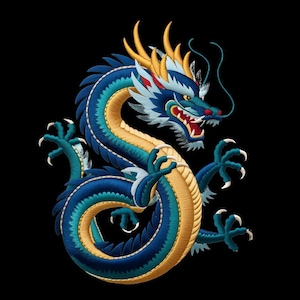 May include: Embroidered dragon design in shades of blue, teal, and gold against a black background. The dragon features intricate details, including sharp claws, a detailed face, and a flowing body. The design is likely for apparel or home decor.
