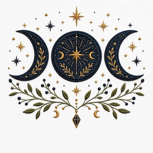 May include: An embroidered patch featuring a central dark blue circle with a gold star and crescent moons, flanked by two dark blue crescent moons with gold leaf patterns. Below are green leafy branches with dark blue berries and gold charms.