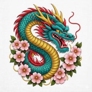 Japoński wzór haftu smoka, wzór kwiatowy, azjatycki haft artystyczny (PES, DST)
