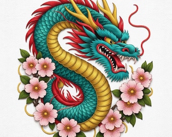 Diseño de bordado de dragón japonés, patrón floral, bordado de arte asiático (PES, DST)