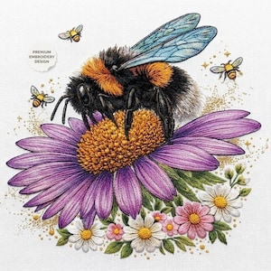 May include: Embroidered image of a bumblebee on a purple flower, surrounded by smaller flowers and bees. The design includes the text "PREMIUM EMBROIDERY DESIGN". The bee has black, orange, and white fur.