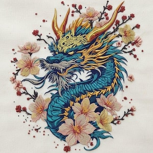 Blumen Drache Stickdatei | Orientalische Fabelwesen (Instant Download) Pes Dst File (5+ Size)