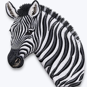 May include: Embroidered zebra head with black and white stripes. The zebra's eye is brown, and the mane is black. The design is detailed, with the texture of the embroidery visible. The background is plain white.