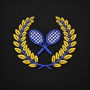 May include: Embroidered emblem featuring two crossed tennis rackets with white dotted detailing, set against a blue background. The rackets are encircled by a yellow laurel wreath, all on a black background.