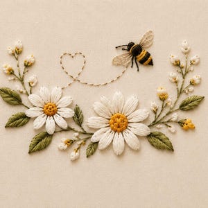 Puede incluir: Un diseño de bordado sobre tela beige claro que presenta dos margaritas blancas grandes con centros amarillos, rodeadas de hojas verdes y pequeños capullos blancos. Una abeja pequeña con rayas negras y amarillas vuela sobre ellas.