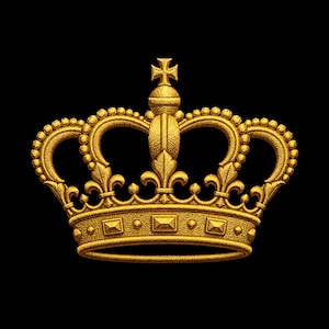 May include: A detailed, golden crown with intricate embroidery. The crown features a cross at the top, ornate arches, and a base adorned with rectangular shapes and small beads. Set against a black background, the crown's design is regal and elegant.