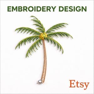 May include: An embroidery design of a palm tree with green fronds, a brown trunk, and a yellow crown. The text "EMBROIDERY DESIGN" is at the top, and the Etsy logo is at the bottom. The design is on a white background.