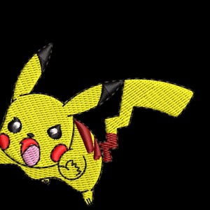 May include: Embroidered Pikachu design in yellow, black, red, and pink. The Pikachu character is depicted with an open mouth, red cheeks, and a lightning bolt tail. The design is set against a black background.