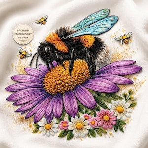 May include: An embroidered design of a bumblebee on a purple flower with a yellow centre, surrounded by smaller flowers and bees. The design includes the text "PREMIUM EMBROIDERY DESIGN" in a circular badge.