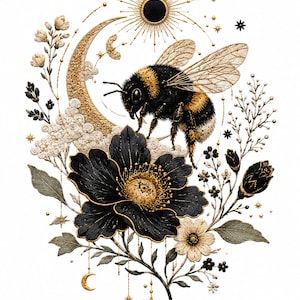 May include: A detailed illustration featuring a fuzzy bumblebee centered above a large black flower with gold accents. The composition includes a golden crescent moon, a sunburst, small white flowers, and hanging star charms on a white background.
