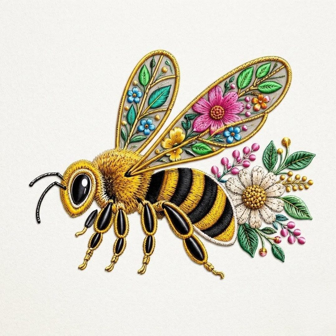 Floral Bee Embroidery Design | Honey Bee Machine Stitch File (4x4 5x7 ...