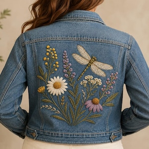 May include: A blue denim jacket featuring detailed embroidery on the back. The design displays a large dragonfly with textured wings positioned above a colourful arrangement of wildflowers, including white daisies, yellow blossoms, and purple stems.