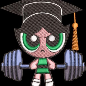 May include: Embroidered design featuring a cartoon character wearing a graduation cap and lifting a barbell. The character has green eyes, a green and pink outfit, and white socks. The barbell is blue and gray.