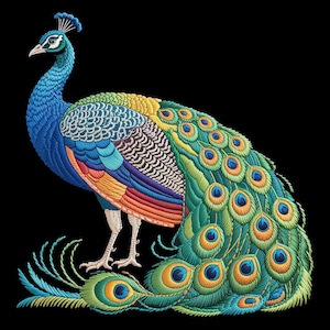 May include: An embroidered peacock in profile, featuring a striking array of colours including blue, green, yellow, and orange, set against a black backdrop. The detailed embroidery showcases the peacock's elaborate feathers and crest, highlighting the intricate patterns.
