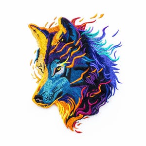 Puede incluir: Parche bordado con la cabeza de un lobo colorido. El diseño incorpora tonos de azul, amarillo, naranja y morado, con intrincados detalles de costura. El perfil del lobo se destaca sobre un fondo blanco, creando un contraste llamativo.