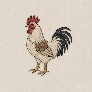May include: Embroidered rooster design featuring a red comb and wattle, a white and brown body, and a black and white tail. The rooster stands on yellow legs against a neutral background. The image is a detailed illustration.