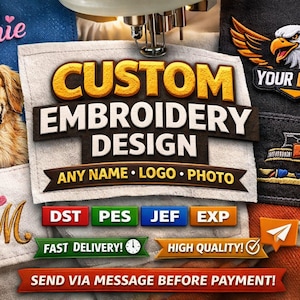 May include: Custom embroidery design service with options for any name, logo, or photo. The image showcases examples including a dog portrait, initials, and an eagle logo. Includes the text "Fast Delivery!" and "High Quality!"