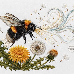 Puede incluir: Imagen bordada de un abejorro en vuelo, con marcas negras y amarillas, cerca de un diente de león. La abeja parece estar soplando polen, con un remolino de oro y azul. También se ven flores y aquenios de diente de león.