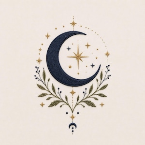 Celestial Moon Embroidery Design | Boho Stars Botanical Machine File (Instant Download)