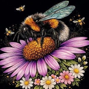 May include: A detailed illustration of a bumblebee on a purple flower with a yellow center, surrounded by smaller white and pink flowers and green leaves. The bee has black and orange fur, with blue and green wings. Three smaller bees are also flying around the flower, all set against a black background.