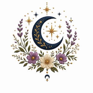 May include: An embroidery design featuring a dark blue crescent moon adorned with gold leaf patterns, surrounded by purple lavender sprigs, white and purple flowers, and gold stars. A small crescent moon charm hangs from the bottom center.