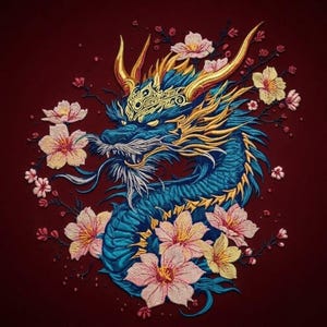 Chinese Dragon Embroidery Design, Floral Dragon Patch PES DST Files (Digital Download)