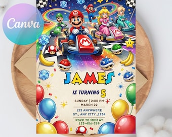 Super Mario Kart Birthday Invitation, Editable Mario Race Party Invite, Canva Template, Boys Gaming Party card, watercolor mario kart invite