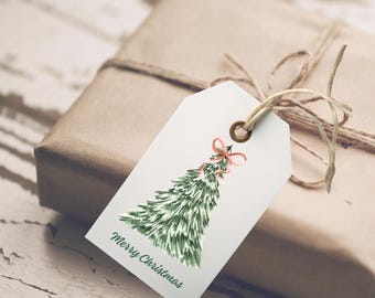 May include: A gift tag with a watercolor Christmas tree design and a pink bow. The tag is attached to a wrapped package with twine. The words "Merry Christmas" are printed on the tag.