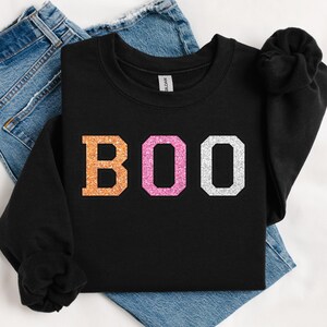 Halloween BOO Sweatshirt: Faux Sequin Crewneck Pullover