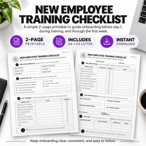 Op de afbeelding: Een tweezijdig afdrukbaar document genaamd New Employee Training Checklist. Het zwart-wit formulier bevat secties voor werknemersinformatie, taken vóór de eerste dag, training op de eerste dag, training in de eerste week en een check-in.