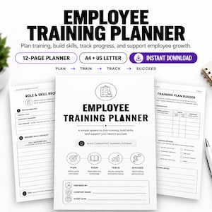 Może przedstawiać: 12-stronicowy planer szkoleń pracowniczych w formatach A4 i US letter. Dokument zawiera sekcje dotyczące wymagań dotyczących ról i umiejętności, kreatory planów szkoleń oraz śledzenie postępów. Strona tytułowa zawiera tekst Employee Training Planner.