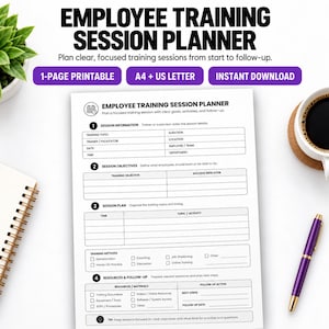 May include: A white paper employee training session planner template with black text and lines. The document includes sections for session information, objectives, a detailed session plan, training methods, resources, and follow-up actions.