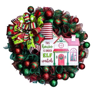 Red and Green Whimsical Elf Christmas Wreath, Xmas Elf Wreath for Front Door, Holiday Porch Decor, Seasonal Entryway Wreath