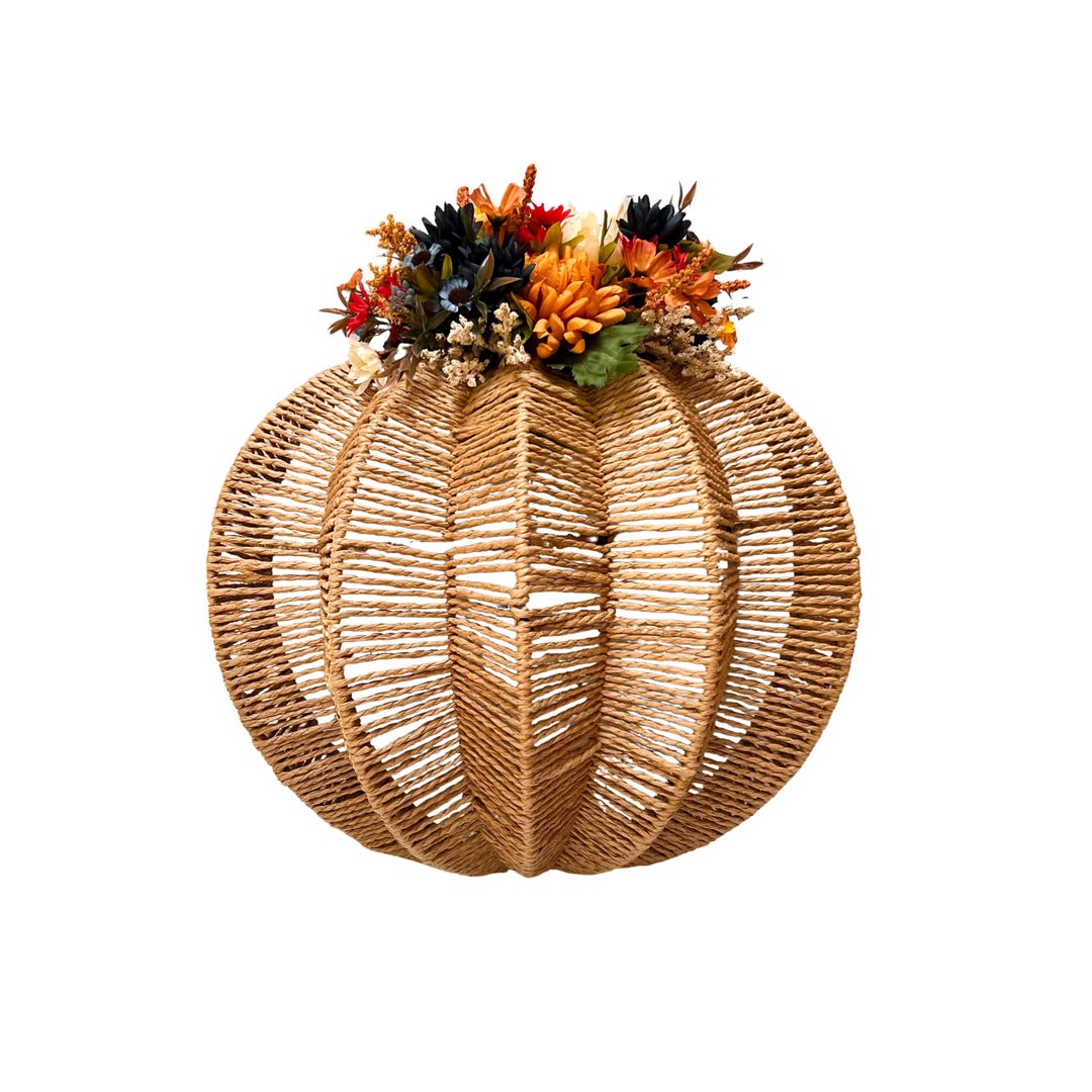Handmade Fall Pumpkin Wreath With Autumn Florals Rustic Rattan Door