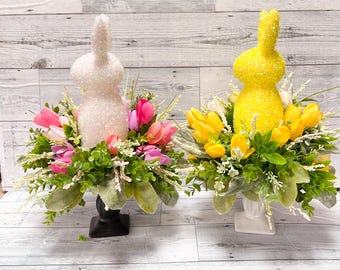 Glitter Bunny Easter Centerpiece: Spring Tulip Floral Arrangement