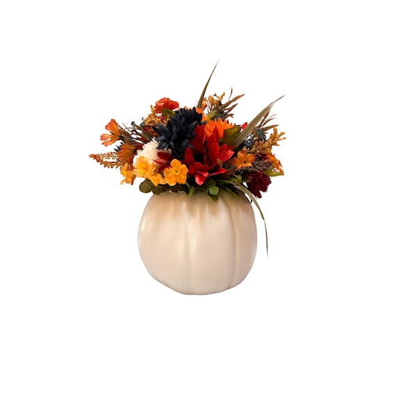 Handmade Fall Floral Centerpiece in White Pumpkin Vase – Autumn Table Decor, Thanksgiving Arrangement, Rustic Orange and Navy Flowers
