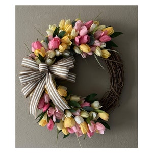 Tulip Wreath for the Front Door, Grapevine Spring Wreath, Tulip and Eucalyptus Wreath, Mother’s Day Gift **choose 2 colors**