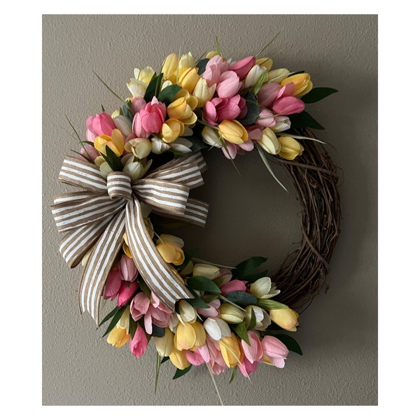 Tulip Wreath for the Front Door, Grapevine Spring Wreath, Tulip and Eucalyptus Wreath **choose 2 colors**