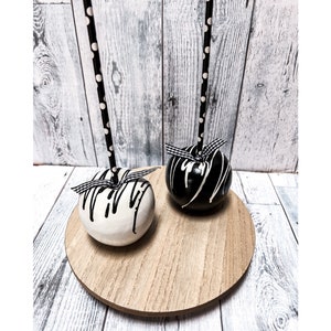 Black and White Apple Tiered Tray Decor, Faux Halloween Apple, Fake Candy Apples