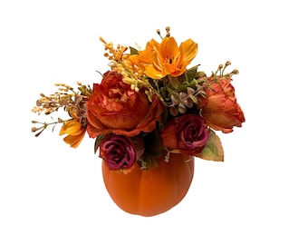 Handmade Fall Pumpkin Centerpiece: Orange Burgundy Gold Floral Arrangement