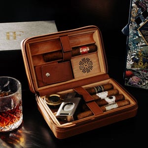 Leather 6-Cigar Travel Humidor, Includes Torch Lighter with Built-In Cutter